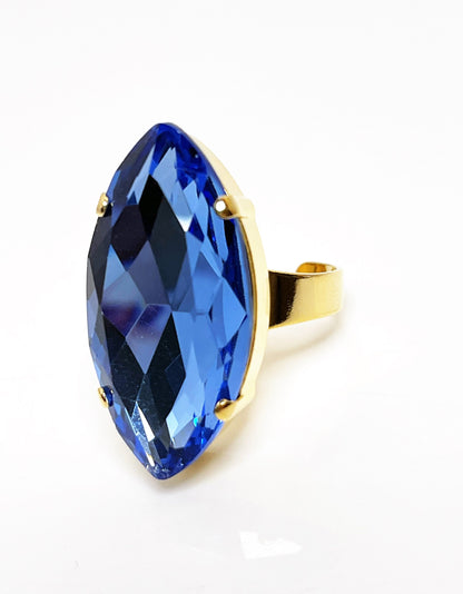 Light Sapphire Crystal Ring, Large Blue Statement Ring, Gold Plated, Georgian Collet, Vintage Style, Rings For Women, Sapphire Navette