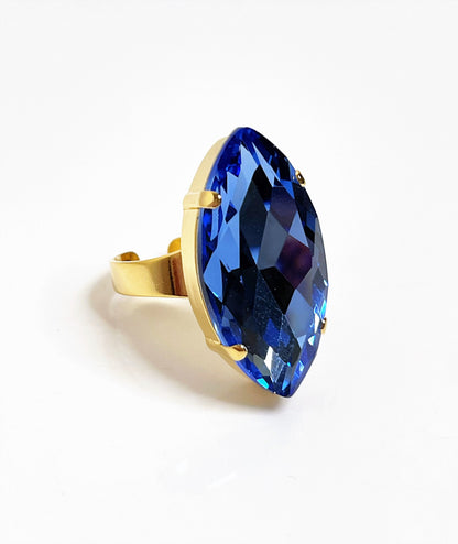 Light Sapphire Crystal Ring, Large Blue Statement Ring, Gold Plated, Georgian Collet, Vintage Style, Rings For Women, Sapphire Navette