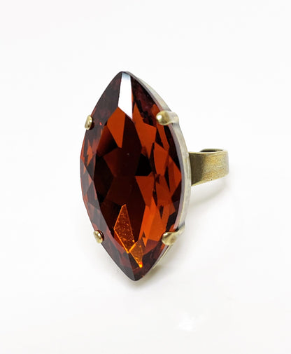 Tangerine Crystal Ring | Large Dark Burnt Orange Statement Ring | Antique Brass