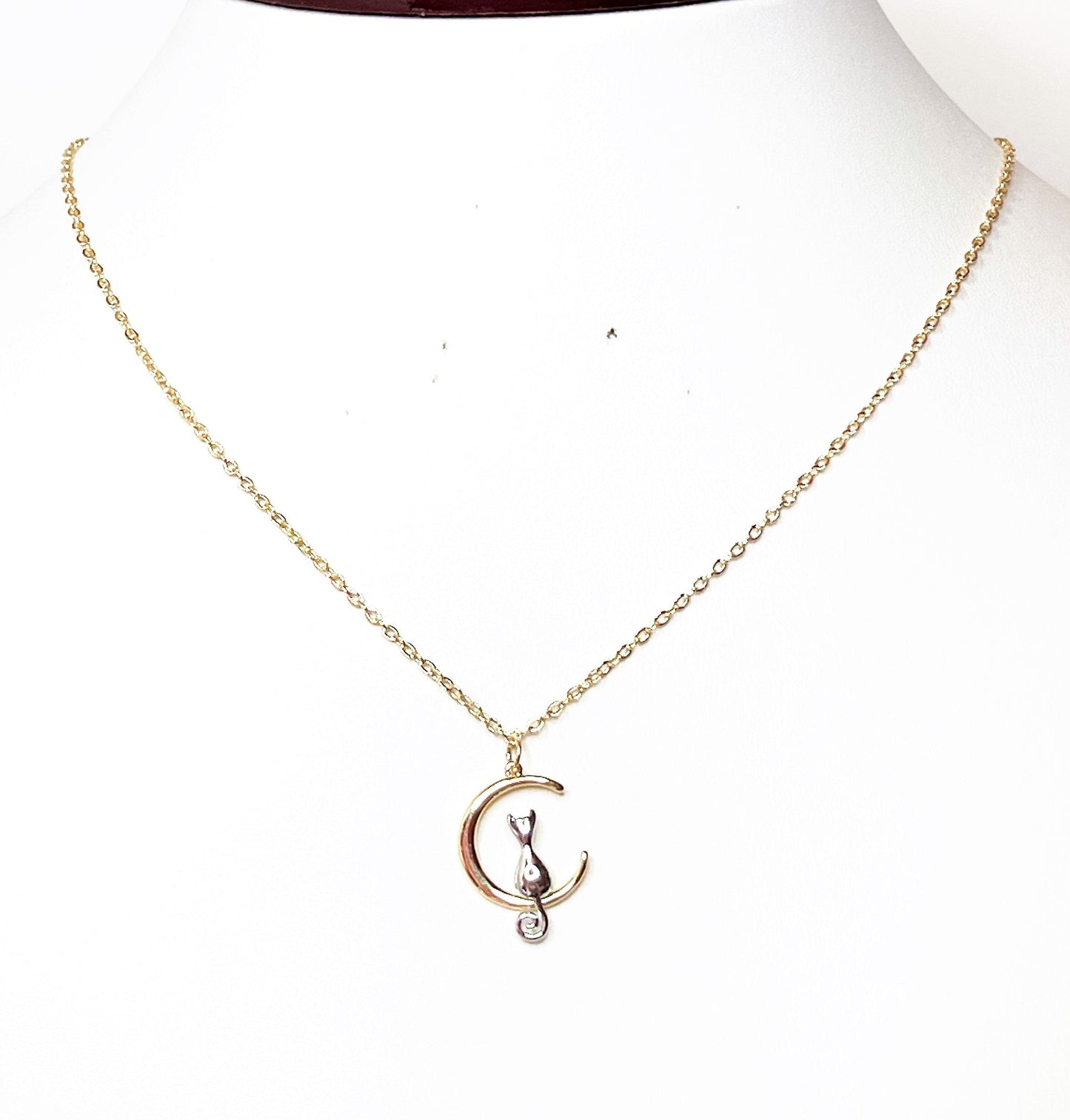 Cat on the Moon Necklace | Dainty Cat Jewellery | 14kt Gold Cat Pendant | Animal Lovers