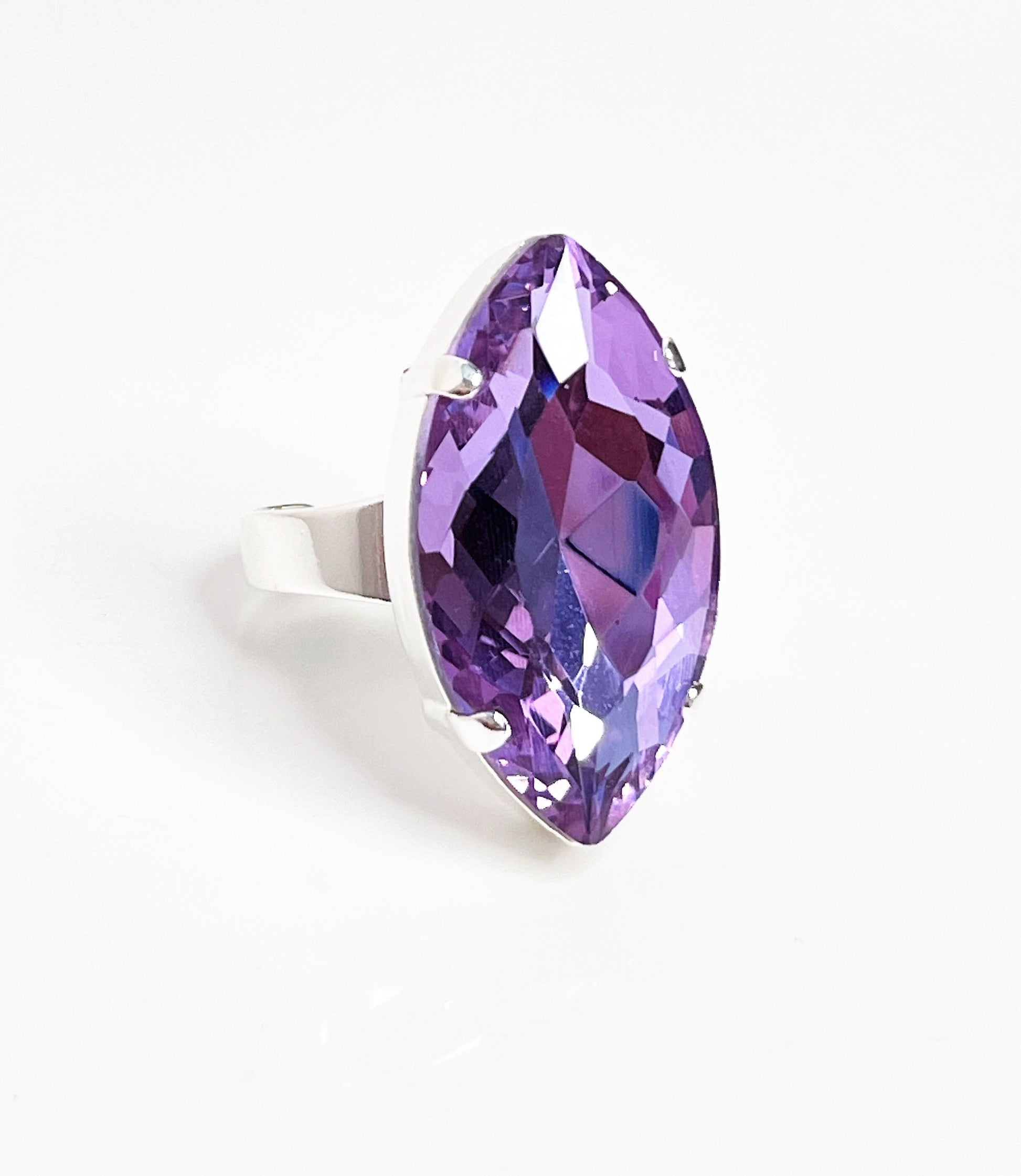 Violet Crystal Ring, Large Purple Statement Ring, Silver Plated, Georgian Collet, Vintage Style, Rings For Women, Violet Navette