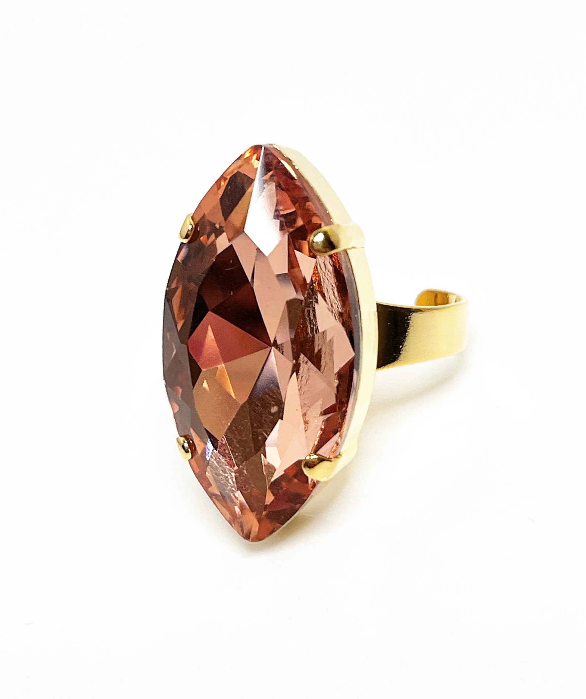 Rose Peach Crystal Ring, Large Statement Ring, Gold Plated, Georgian Collet, Vintage Style, Rings For Women, Peach Navette Jewellery