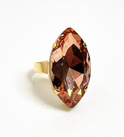 Rose Peach Crystal Ring, Large Statement Ring, Gold Plated, Georgian Collet, Vintage Style, Rings For Women, Peach Navette Jewellery