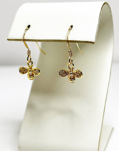 Gold Bumble Bee Crystal Earrings | Dainty Bee Drops | 14kt Gold CZ Bee Charms