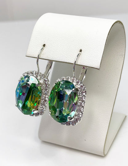 Green Crystal Earrings | Rainbow Oval Dangles | Silver Plated Statement CZ Drops