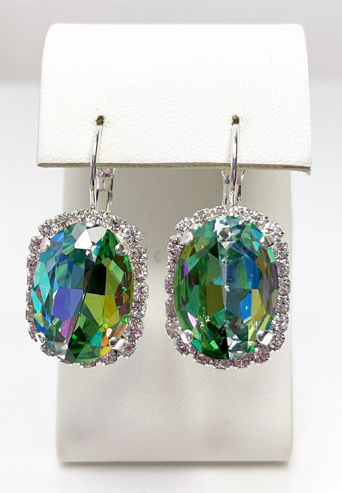 Green Crystal Earrings | Rainbow Oval Dangles | Silver Plated Statement CZ Drops