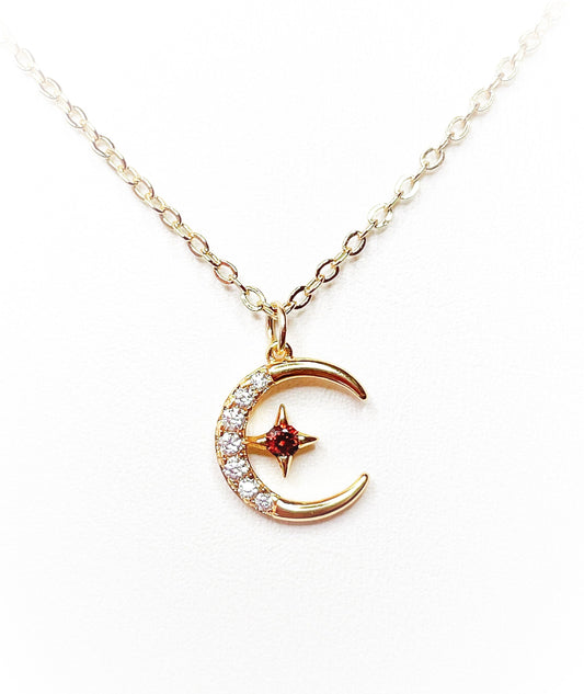 Gold Crystal Moon Pendant | Crescent Moon Necklace | Dainty CZ Moon Star Jewellery