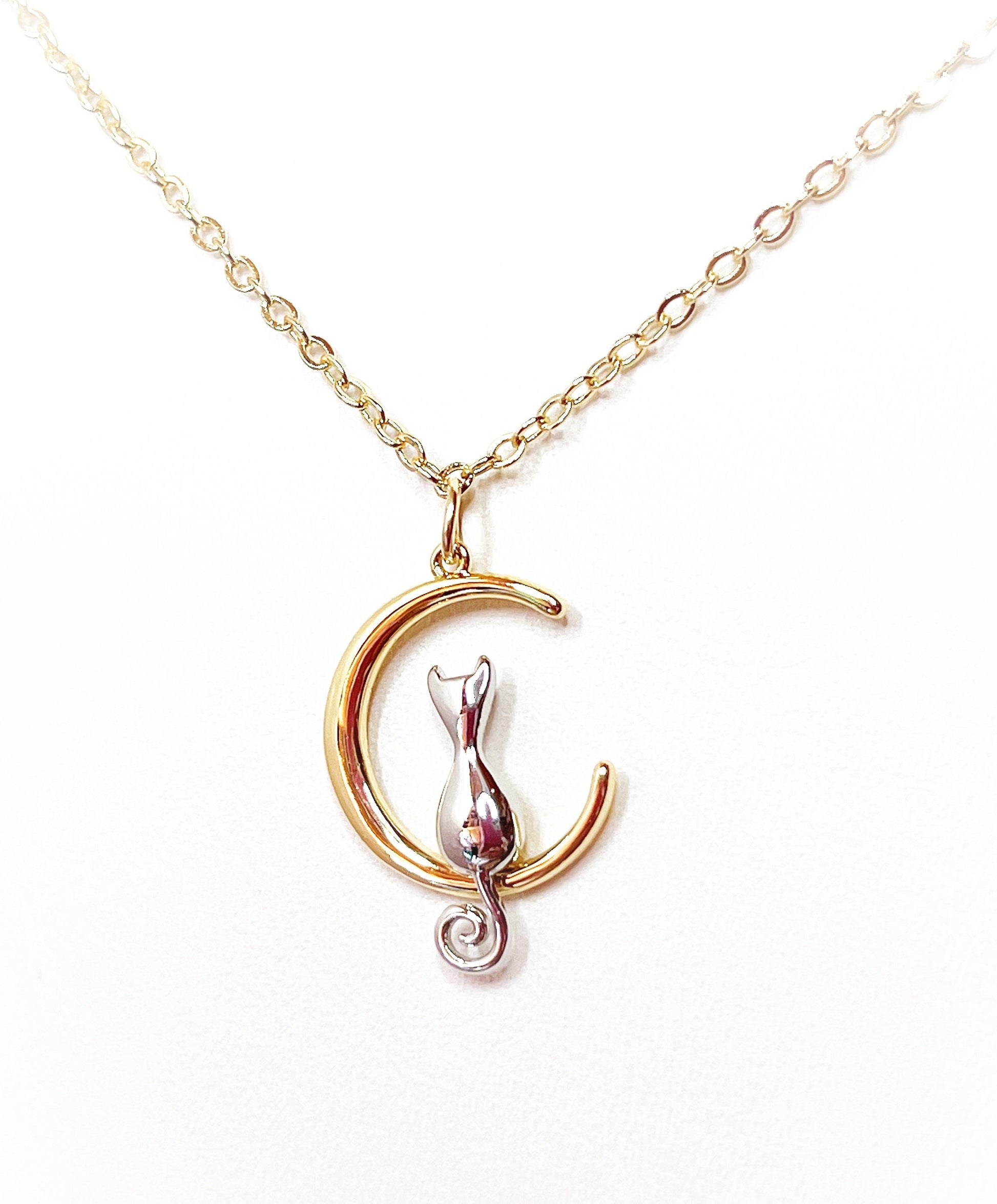 Cat on the Moon Necklace | Dainty Cat Jewellery | 14kt Gold Cat Pendant | Animal Lovers