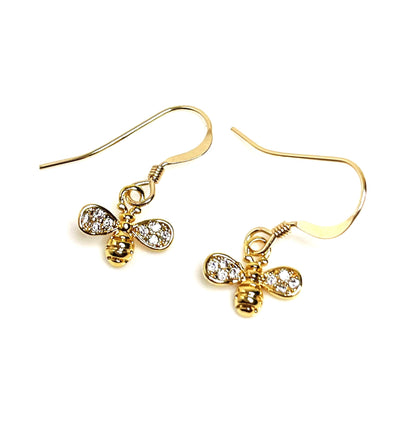 Gold Bumble Bee Crystal Earrings | Dainty Bee Drops | 14kt Gold CZ Bee Charms