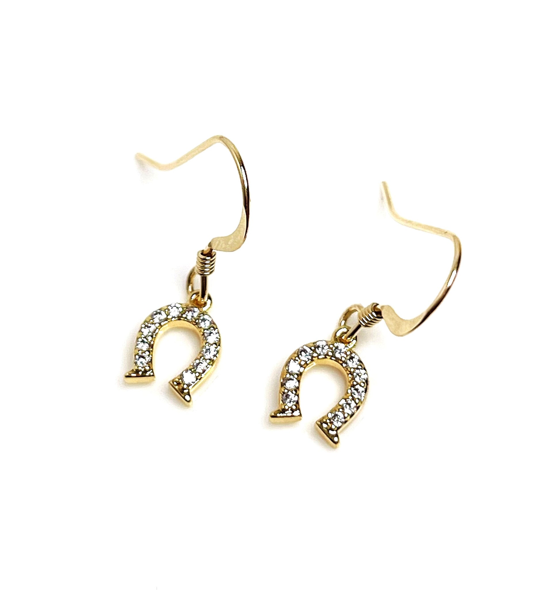 Gold Horseshoe Crystal Earrings | Dainty Lucky Drops | 14kt Gold CZ Horseshoe Dangles 
