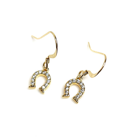 Gold Horseshoe Crystal Earrings | Dainty Lucky Drops | 14kt Gold CZ Horseshoe Dangles 