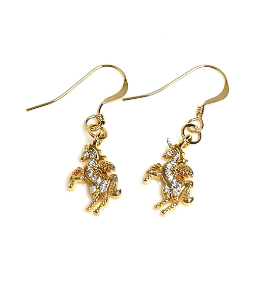 Gold Unicorn Crystal Earrings | Dainty 14kt Gold Filled Drops | Fantasy Lovers Jewelry