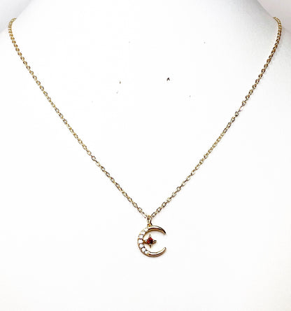 Gold Crystal Moon Pendant | Crescent Moon Necklace | Dainty CZ Moon Star Jewellery