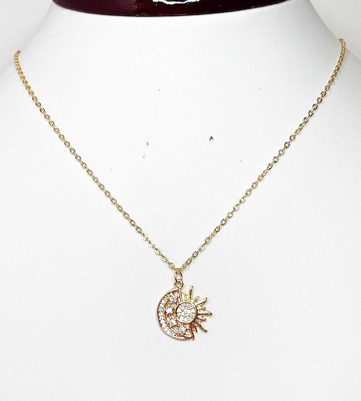 Gold Crystal Sun Moon Pendant | Crescent Moon Necklace | Dainty CZ Moon Sun Jewellery