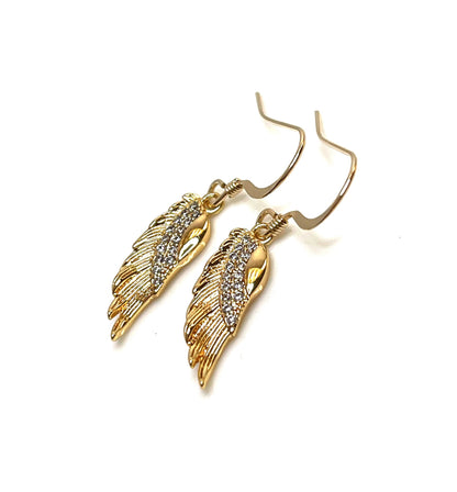 Gold Leaf Crystal Earrings | Dainty Leaf Charm Drops | 14kt Gold Filled | Minimalist Drops