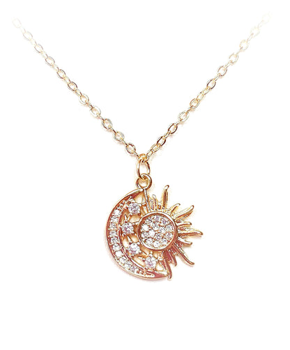 Gold Crystal Sun Moon Pendant | Crescent Moon Necklace | Dainty CZ Moon Sun Jewellery