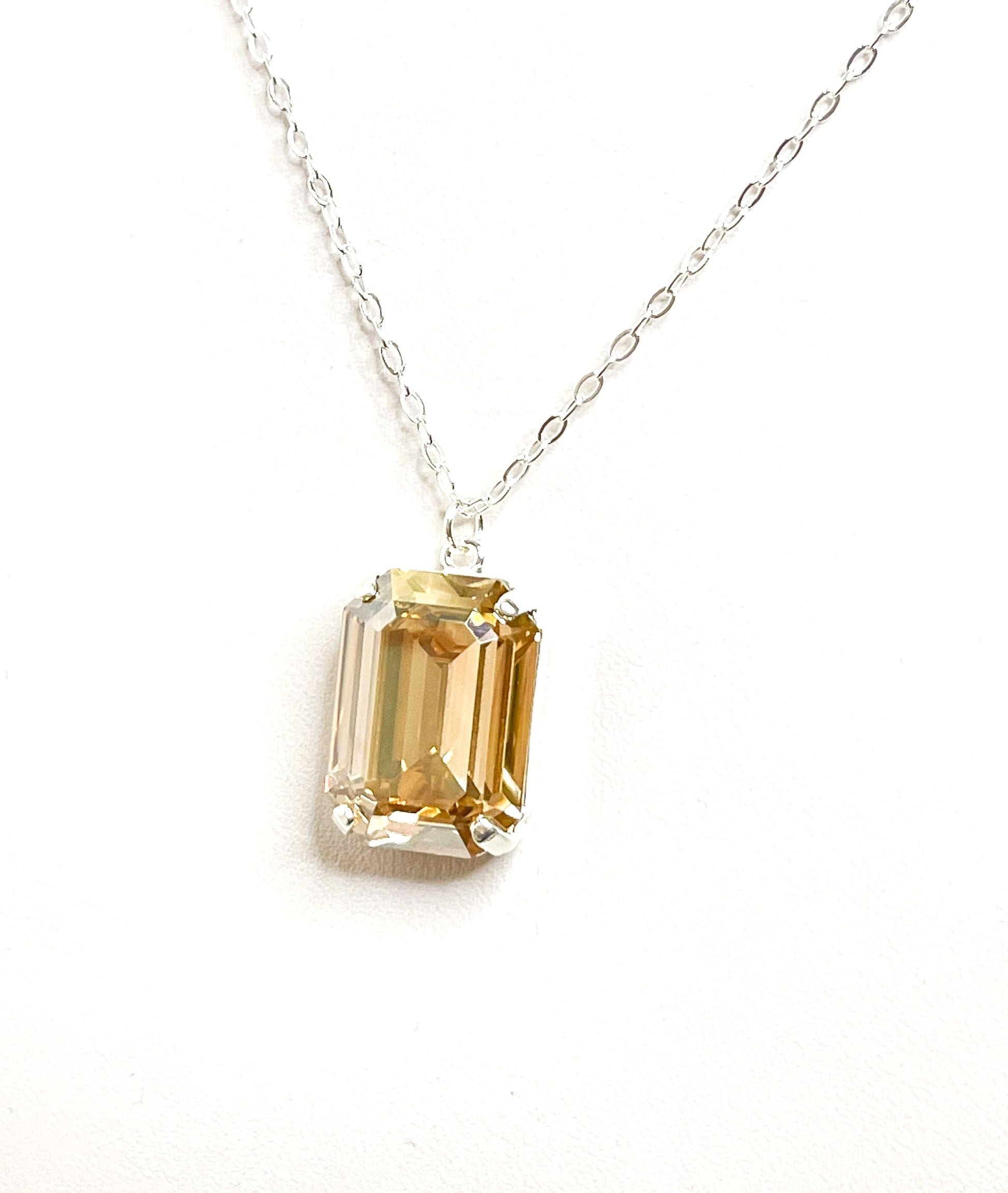 Champagne Austrian Crystal Pendant, Golden Shadow Rectangular Pendant, 925 Sterling Silver, Gold Filled, Crystal Jewellery, Bridal Necklace