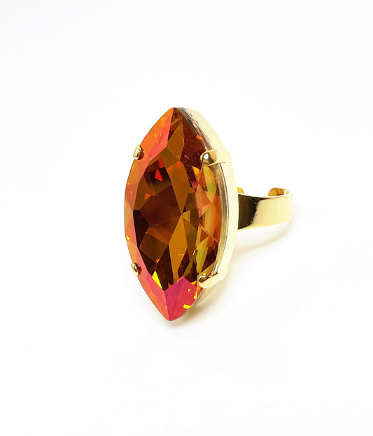 Astral Pink Crystal Ring, Large Orange Pink Statement Ring, Gold Plated, Georgian Collet, Vintage Style, Rings For Women, Fire Glow Navette