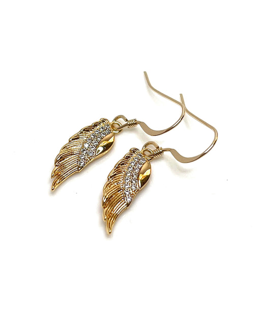 Gold Leaf Crystal Earrings | Dainty Leaf Charm Drops | 14kt Gold Filled | Minimalist Drops