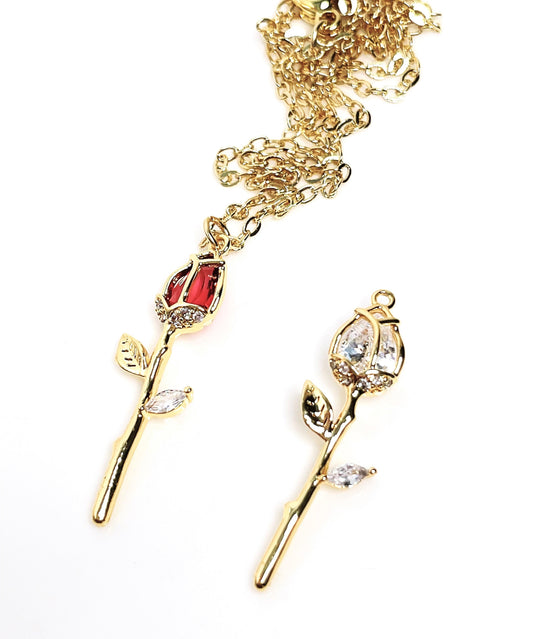 Gold Rose Bud Red Crystal Necklace | Delicate Flower Jewellery | Gold Filled