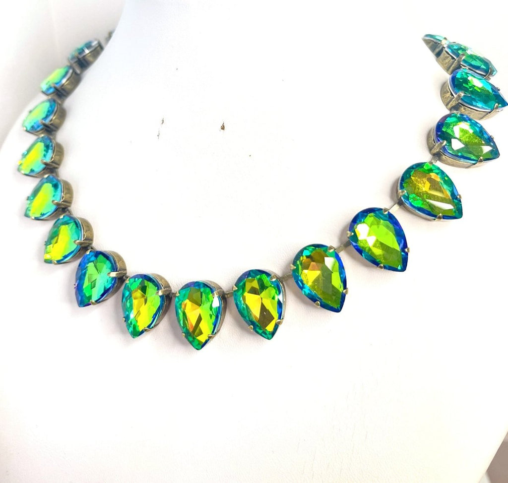 Yellow Green Crystal Georgian Collet Necklace, Anna Wintour Style, Vintage Statement Rhinestone Choker, Green Riviere, Necklace for Women