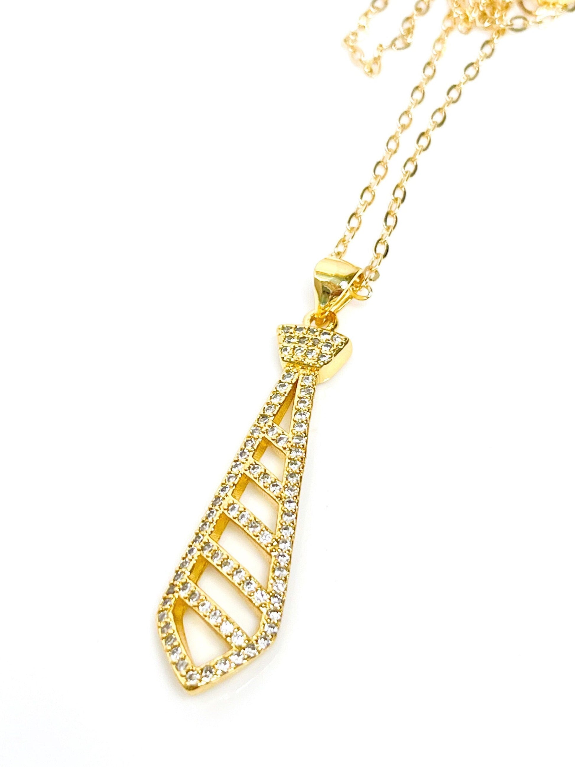 Gold Neck Tie Crystal Necklace | Neck Tie Pendants