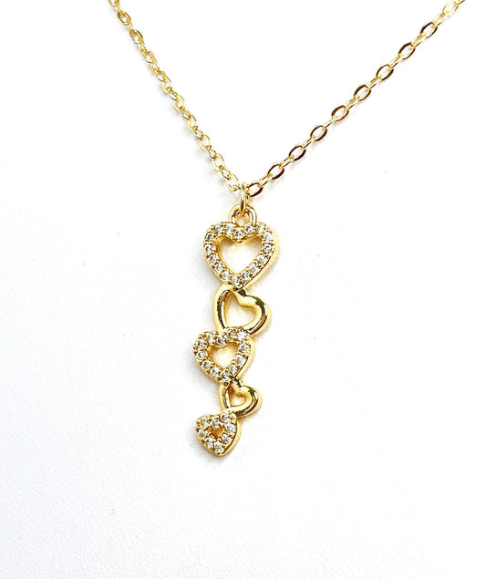 Long Gold Heart Crystal Necklace | Multiple Heart Pendant | Gold CZ Heart | Minimalist Pendant