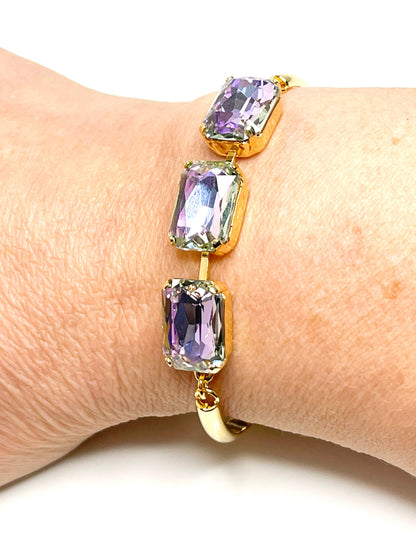 Violet Blue Crystal Bracelet , 14 x 10mm Octagon, 3 Stone Cuff, Vitrail Light Bangle Bracelet, Gold Plated, Adjustable, Bracelets for Women