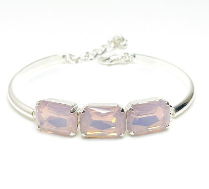 Rose Water Opal Crystal Bracelet, 14 x 10mm Octagon, 3 Stone Cuff, Pink Stone Bangle Bracelet, Silver Plated, Adjustable, Bracelets for Women