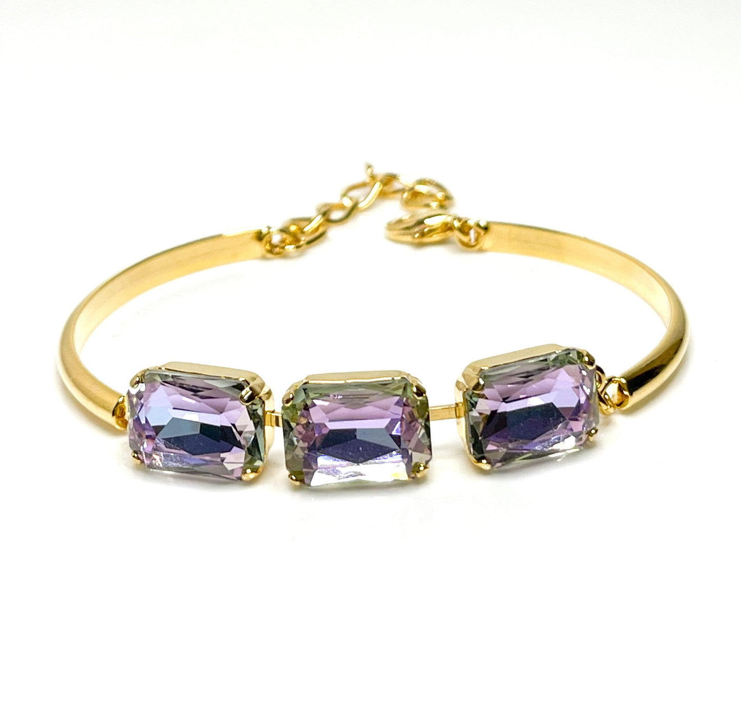 Violet Blue Crystal Bracelet , 14 x 10mm Octagon, 3 Stone Cuff, Vitrail Light Bangle Bracelet, Gold Plated, Adjustable, Bracelets for Women