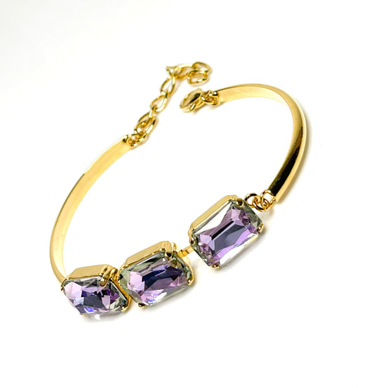 Purple Crystal Bracelet, 14 x 10mm Octagon, 3 Stone Cuff, Vitrail Light Bangle Bracelet, Gold Plated, Adjustable, Bracelets for Women