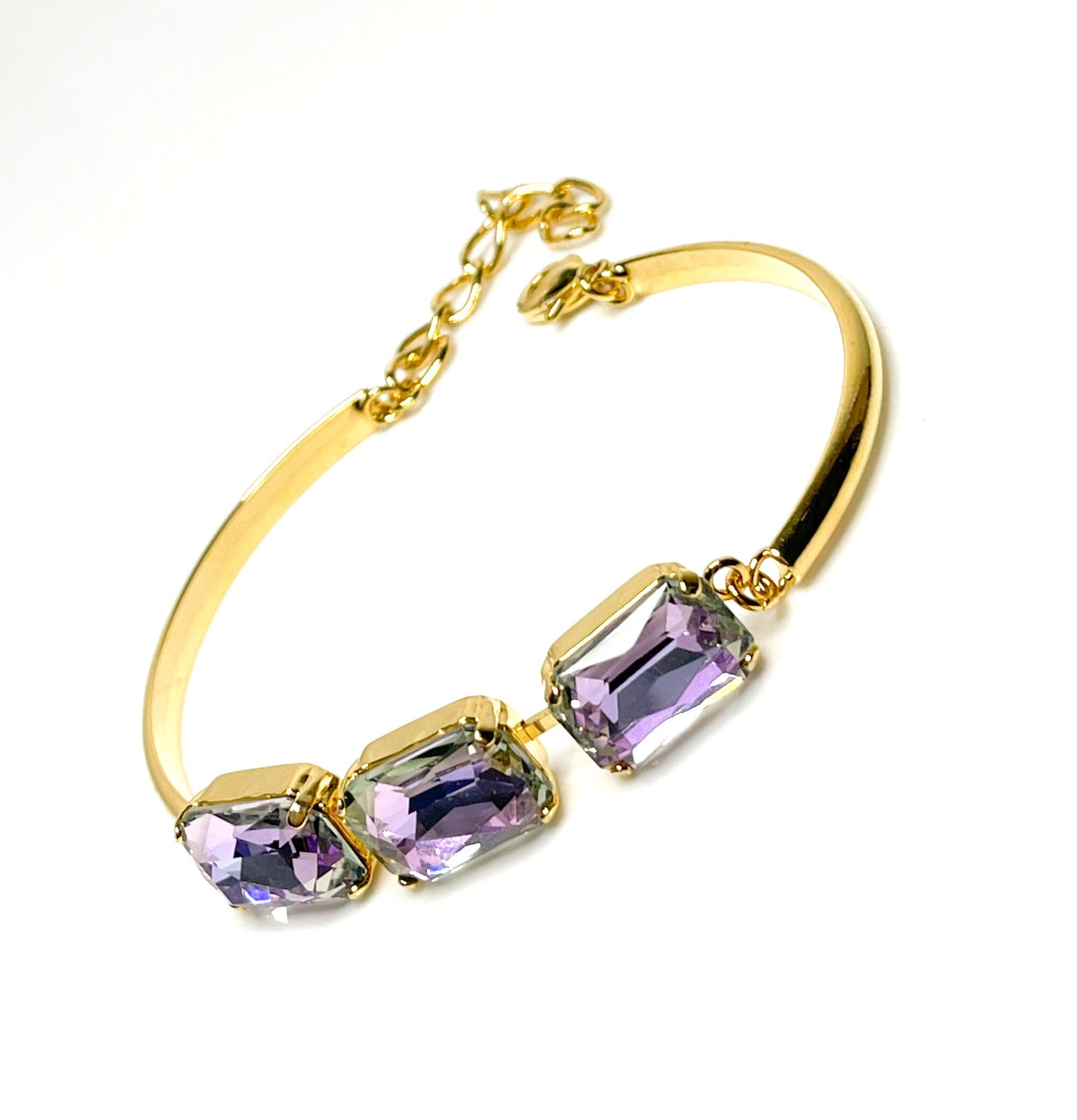 Violet Blue Crystal Bracelet , 14 x 10mm Octagon, 3 Stone Cuff, Vitrail Light Bangle Bracelet, Gold Plated, Adjustable, Bracelets for Women