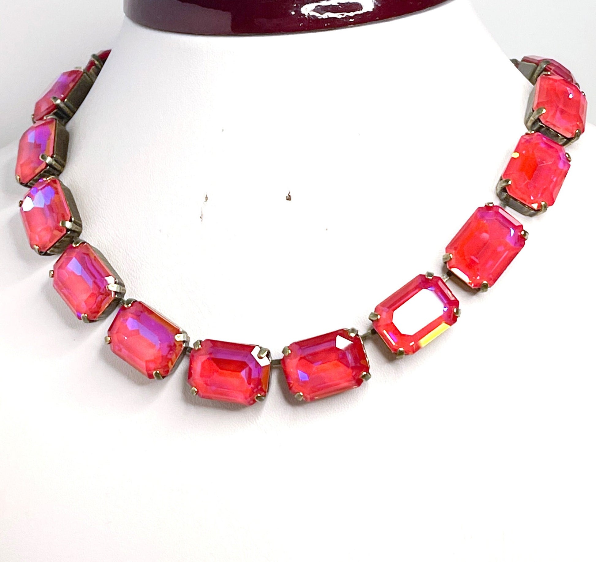 Royal Red Georgian Collet, Silver Patina Crystal Choker, Anna Wintour Style, Ice Riviere Necklace, Statement Necklace, Layering Chokers