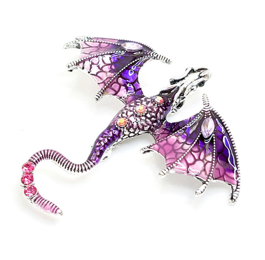 Large Purple Pink Flying Dragon Brooch with Crystals | Ombre Gothic Fashion Brooch | Unisex Jewellery