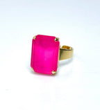 Electric Pink Crystal Ring | Large Hot Pink Ring | Gold Plated | Rectangle Statement Ring