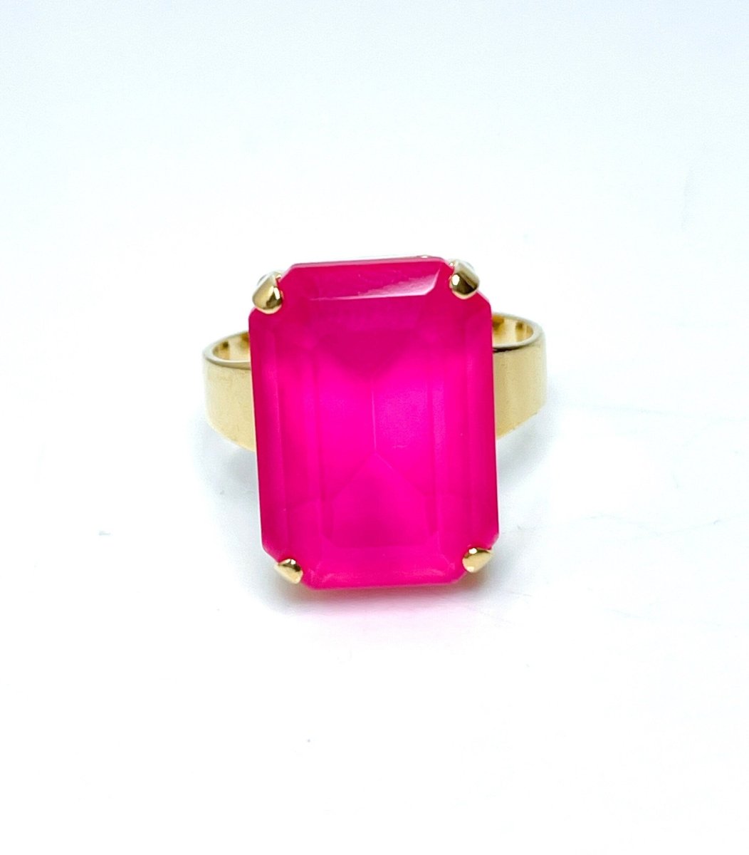 Electric Pink Crystal Ring | Large Hot Pink Ring | Gold Plated | Rectangle Statement Ring