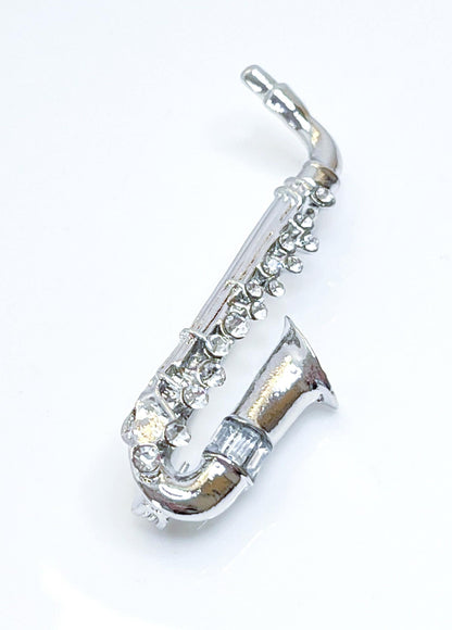 Silver Saxophone Brooch with Crystals | Fashion Brooch | Music Lovers Brooch