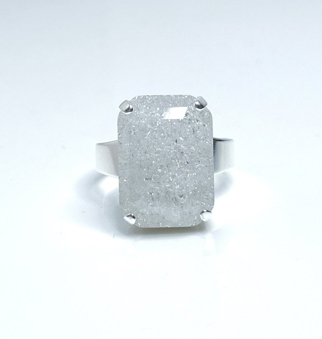  Ice White Crystal Ring | Silver Plated | Rectangle Statement Ring