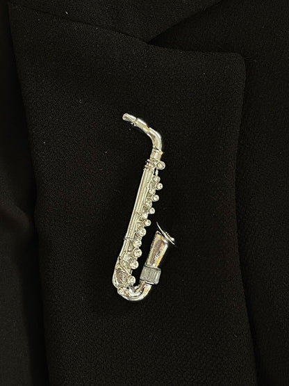 Silver Saxophone Brooch with Crystals | Fashion Brooch | Music Lovers Brooch