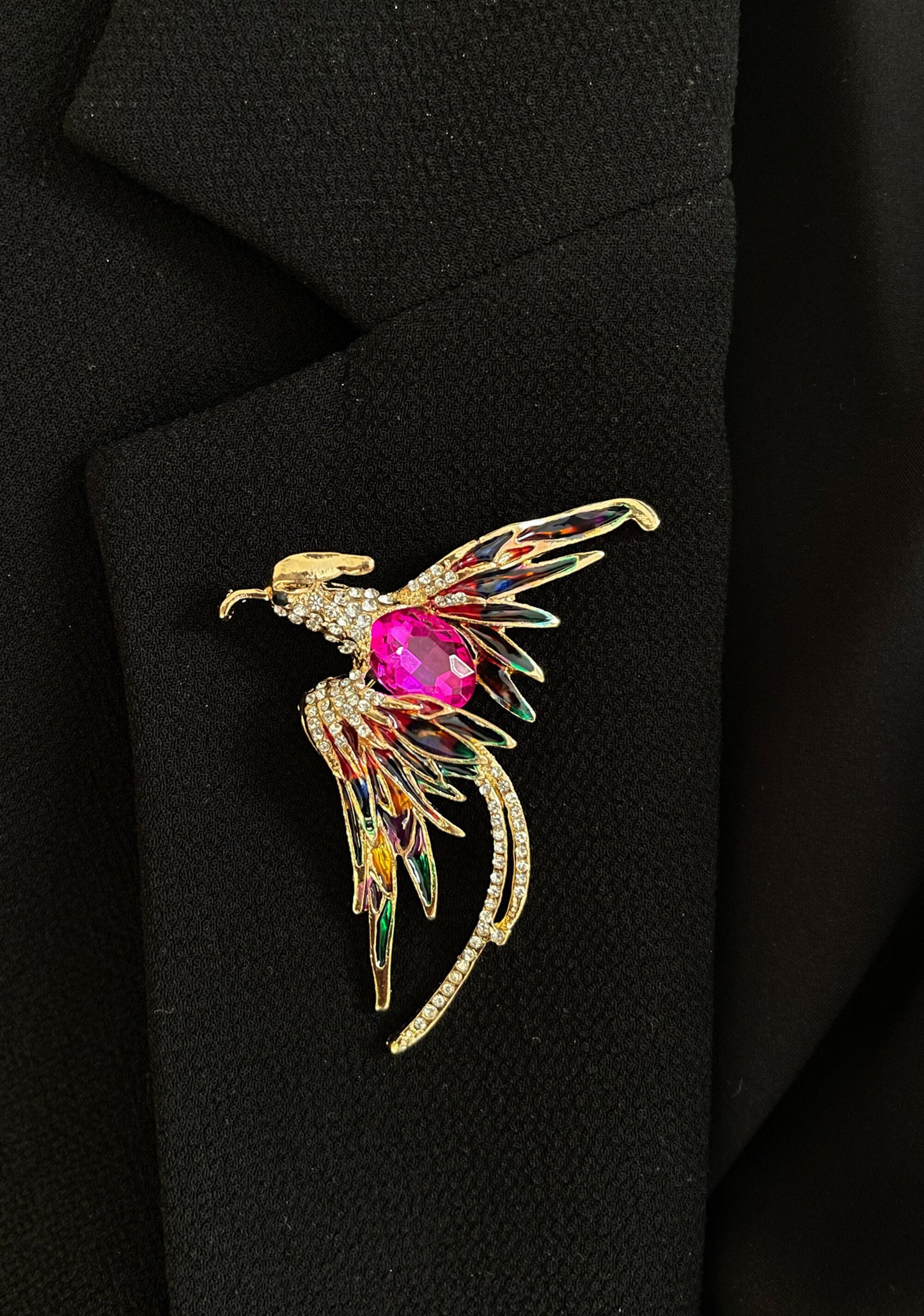 Phoenix Enamel Brooch with Crystal, Fantasy Fashion Brooch, Mythological Bird, Immortal Flame Bird, Brooches for Women, Unisex Pin