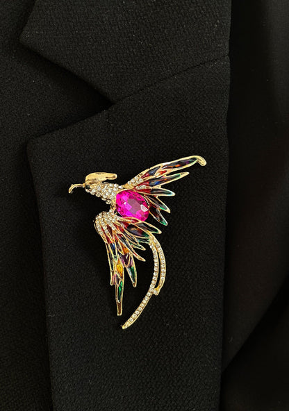 Phoenix Enamel Brooch with Crystal, Fantasy Fashion Brooch, Mythological Bird, Immortal Flame Bird, Brooches for Women, Unisex Pin