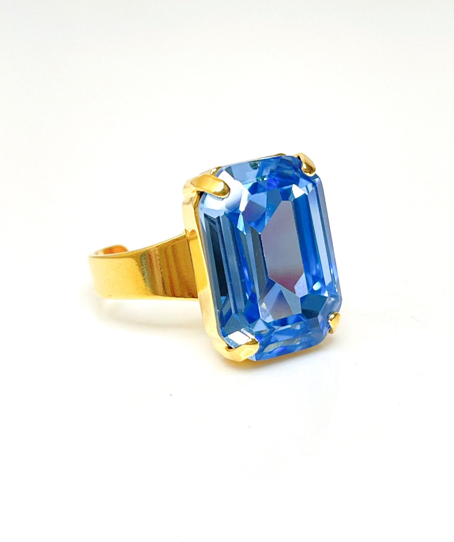 Aquamarine Crystal Rectangle Ring | Gold Plated | Vintage Style