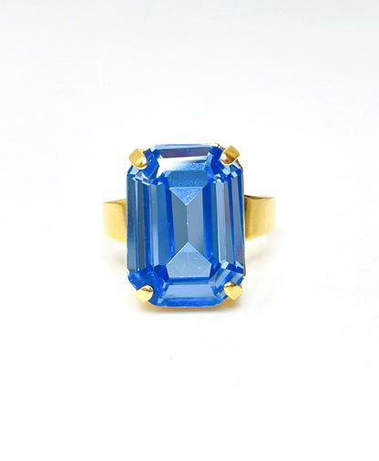 Aquamarine Crystal Rectangle Ring | Gold Plated | Vintage Style