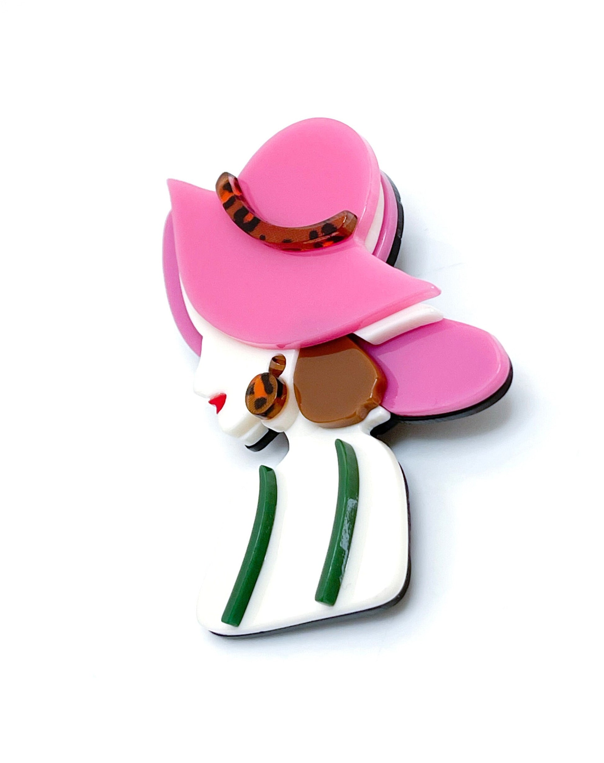 Large Lady in a Pink Sunhat Brooch, Stylish Lady Pin, Fashion Pin for Jacket Scarf, Head and Shoulders Lady Pin, Brooches For Women
