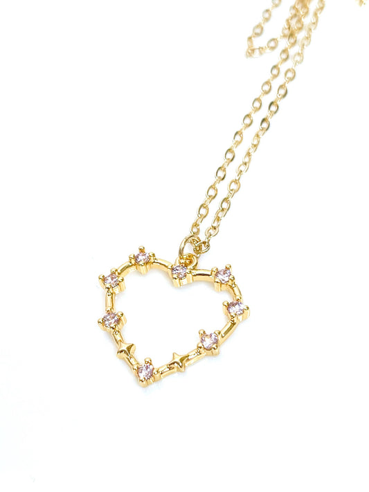 Gold Heart Pink Crystal Necklace | Dainty Heart Pendant | Gold CZ Heart | Minimalist Pendant