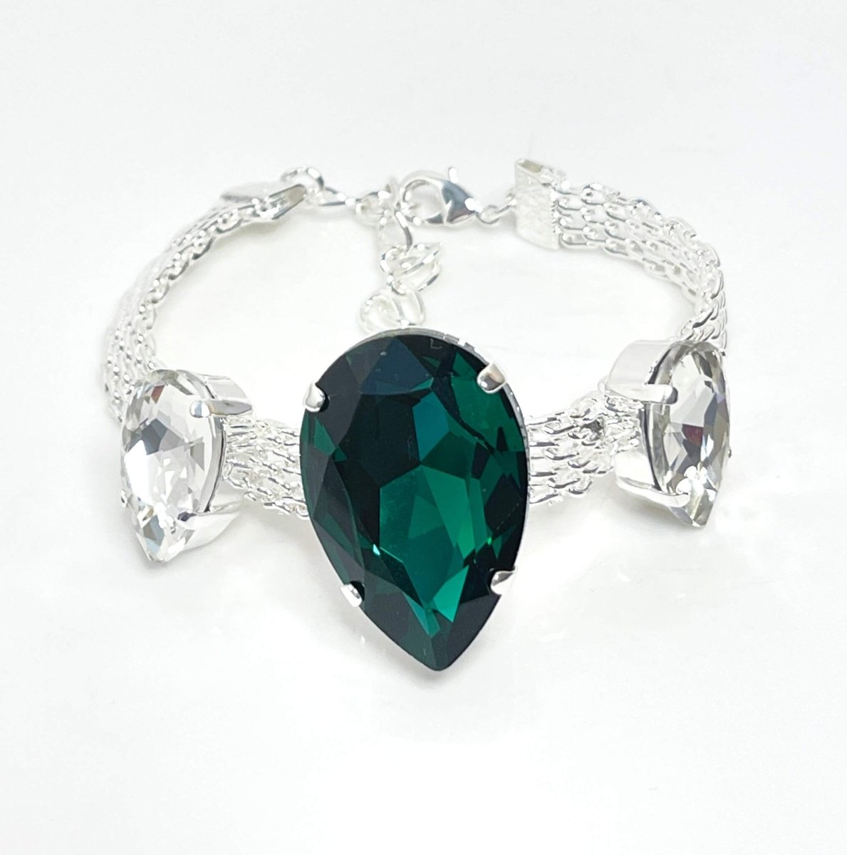 Emerald Crystal Silver Mesh Bracelet, Large Teardrop Cuff, Statement Jewellery, Georgian Style Bracelet, Bracelets for Women