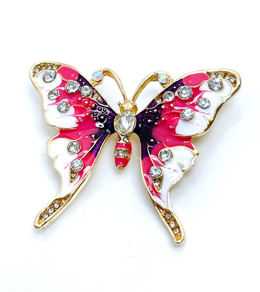 Pretty Pink Butterfly Brooch | Pink White and Purple Butterfly with Crystals | Sparkly Jacket Pin