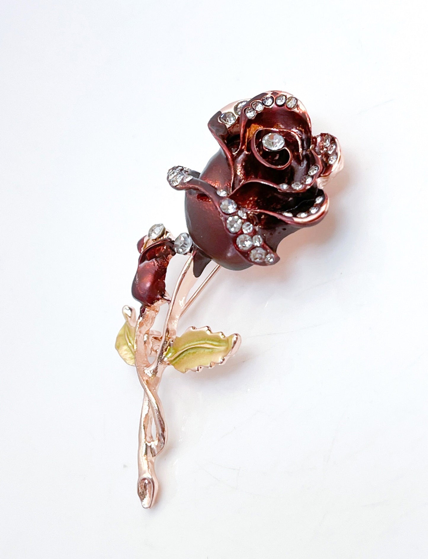 Vintage Single Rose Brooch | Wine Gold Rose Pin with Crystals