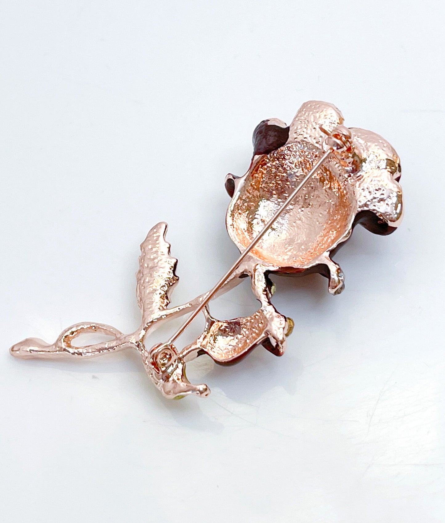 Vintage Single Rose Brooch | Wine Gold Rose Pin with Crystals