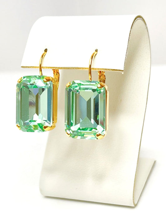 Mint Green Crystal Earrings | Gold Plated Drops | Vintage Style | Georgian Collet Rectangle Drops